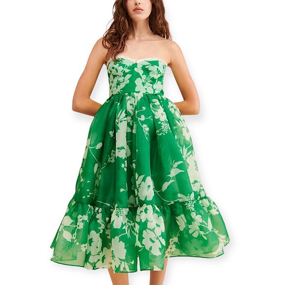 Selkie Dresses & Skirts - Selkie Corset Mini Dress Strapless Floral Print Organza Tiered Green Small New